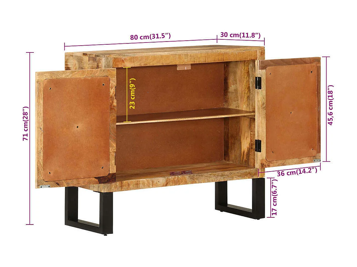Buffet 80x30x71 cm bois de manguier brut massif et métal