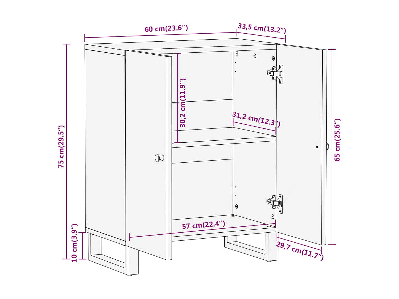 Armoire latérale marron et noir 60x33,5x75 cm bois de manguier