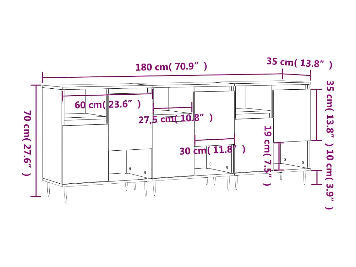 Credenze 3 pz Grigio Cemento in Legno Multistrato