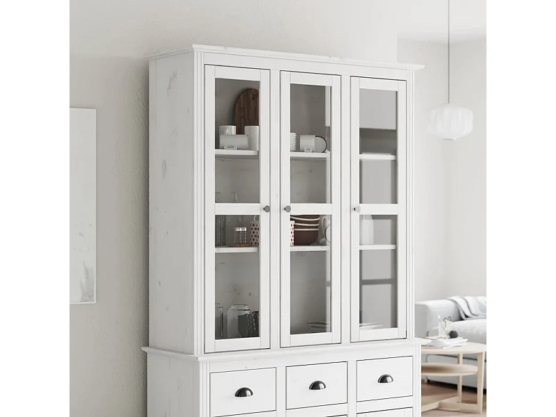 Armoire avec portes vitrées BODO blanc bois de pin massif