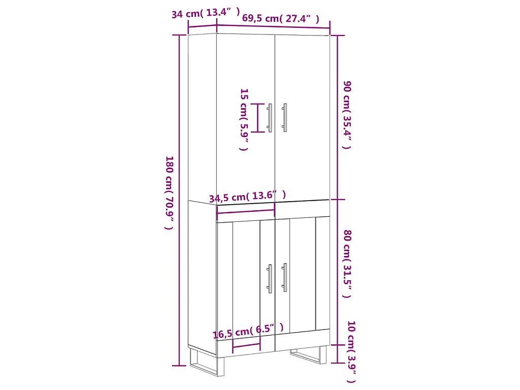 Hoge kast 69,5x34x180 cm bewerkt hout gerookt eikenkleurig