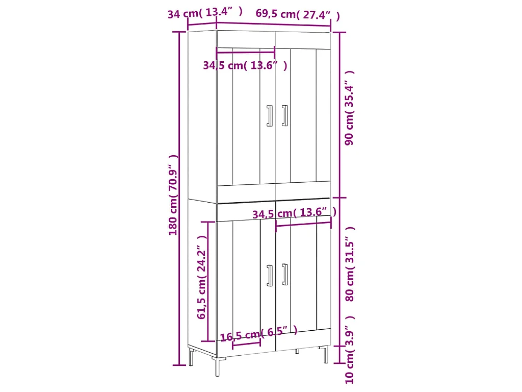 Buffet haut Chêne fumé 69,5x34x180 cm Bois d'ingénierie