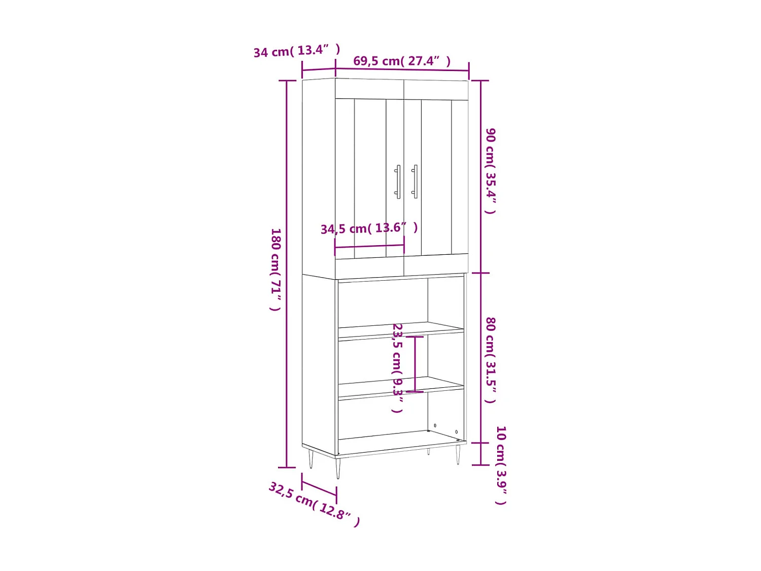 Highboard Schwarz 69,5x34x180 cm Holzwerkstoff