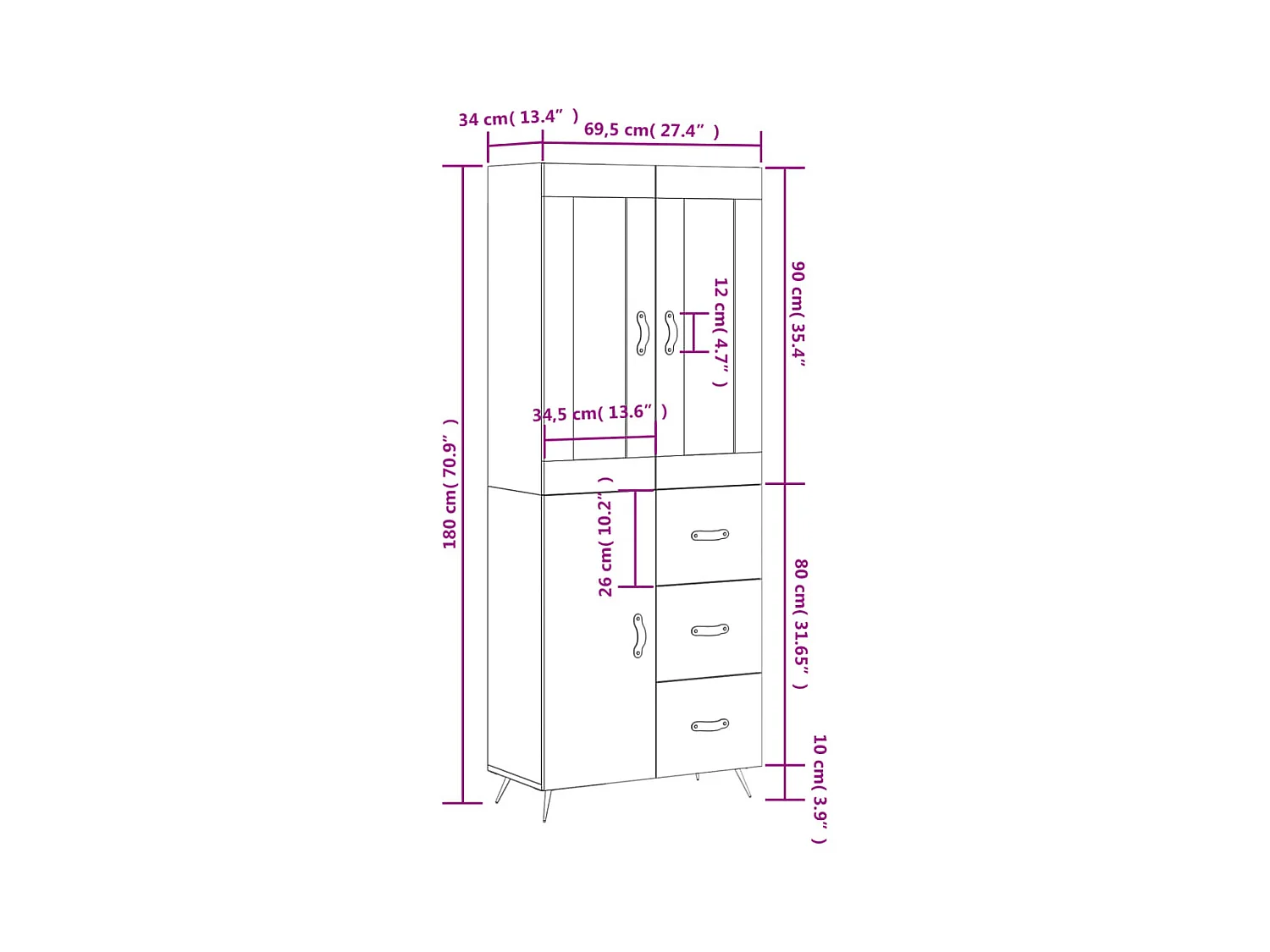 Buffet haut Sonoma gris 69,5x34x180 cm Bois d'ingénierie