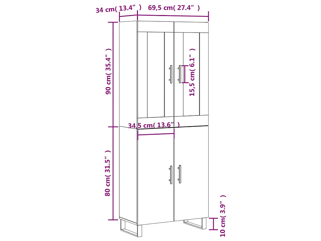 Credenza Bianca 69,5x34x180 cm in Legno Multistrato