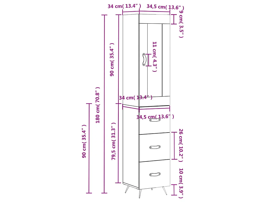 Buffet haut Chêne fumé 34,5x34x180 cm Bois d'ingénierie