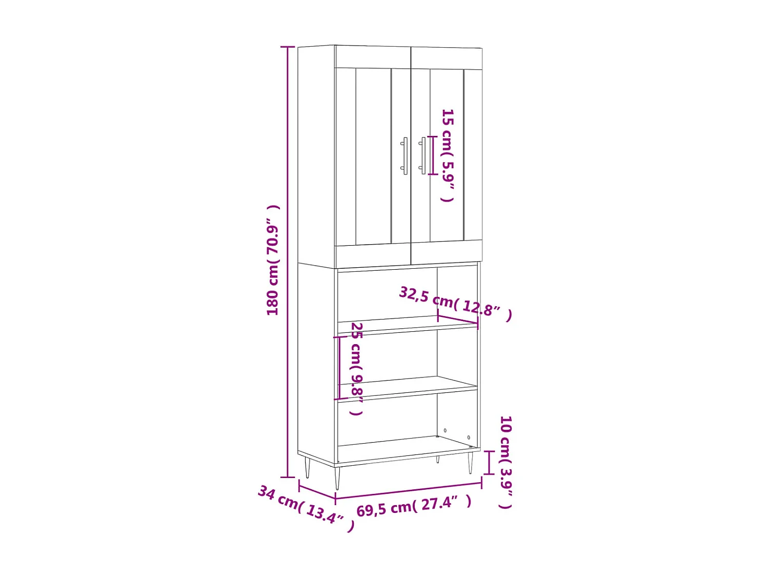 Buffet haut Sonoma gris 69,5x34x180 cm Bois d'ingénierie