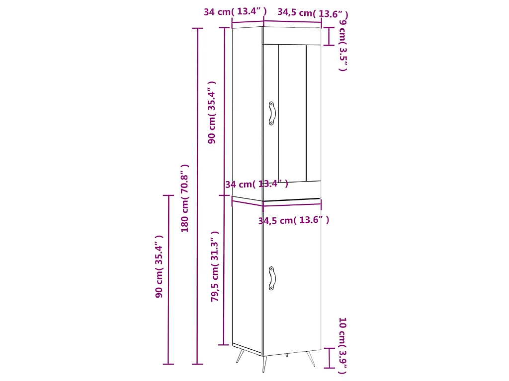 Hoge kast 34,5x34x180 cm bewerkt hout gerookt eikenkleurig