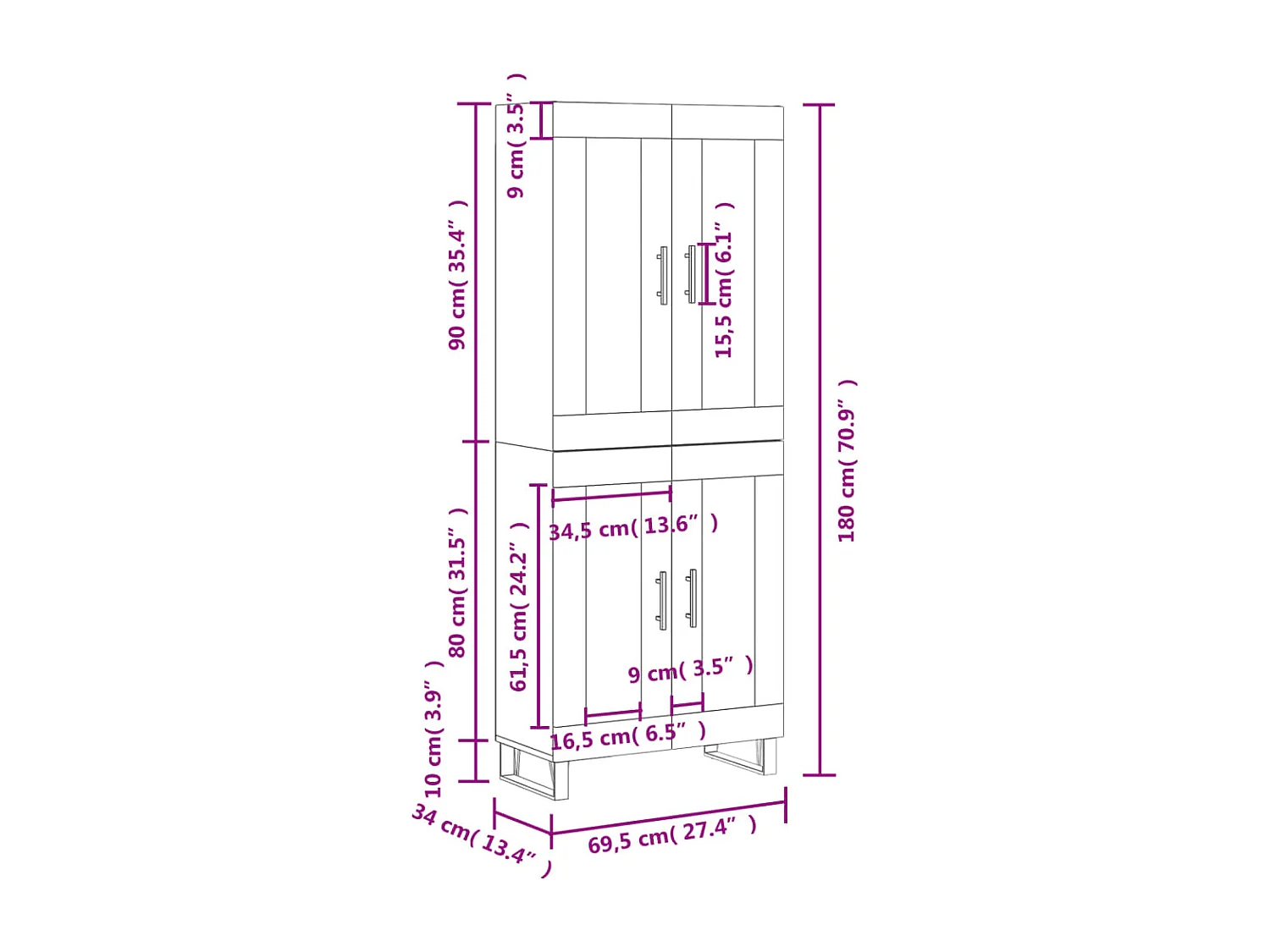 Highboard Weiß 69,5x34x180 cm Holzwerkstoff