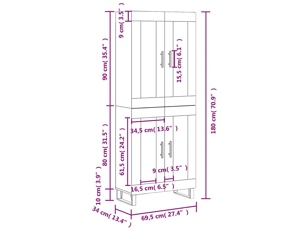 Hoge kast 69,5x34x180 cm bewerkt hout wit
