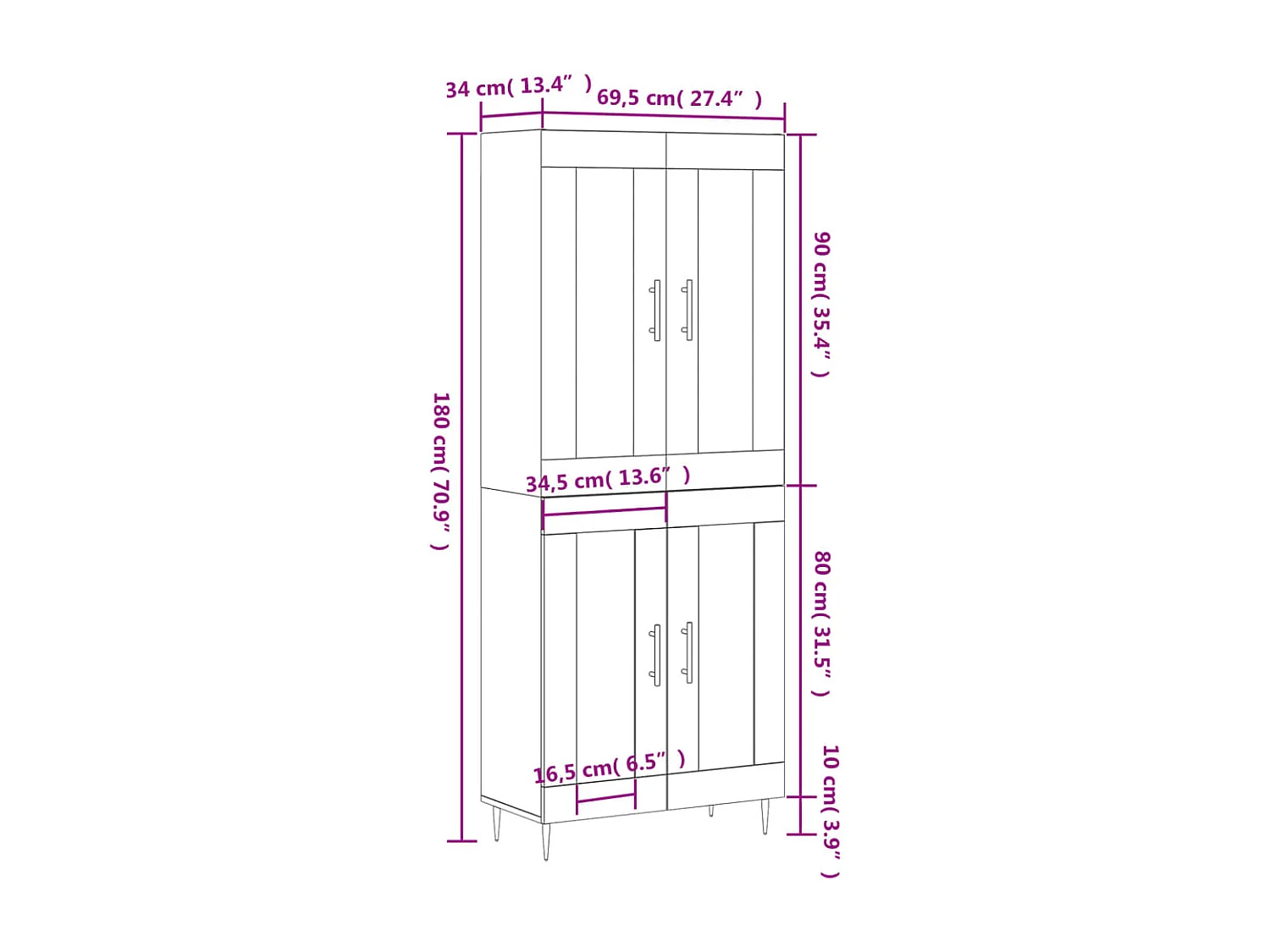 Highboard Schwarz 69,5x34x180 cm Holzwerkstoff