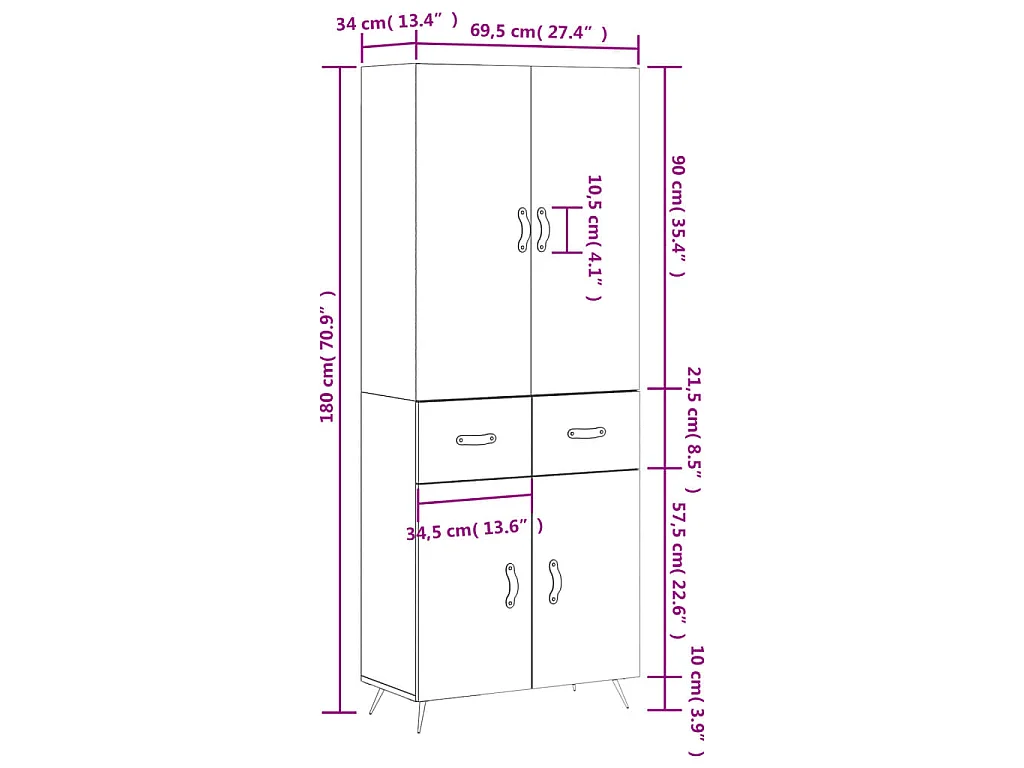 Buffet haut Sonoma gris 69,5x34x180 cm Bois d'ingénierie