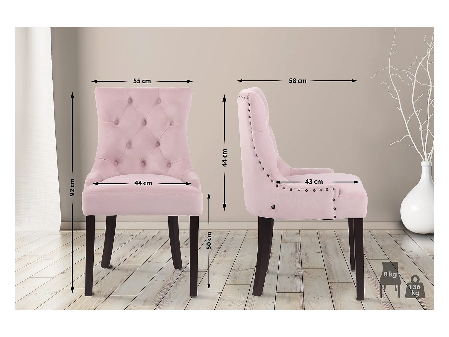 Lot de 4  chaise salle à manger - Velours & Antique - Rose - Aberdeen