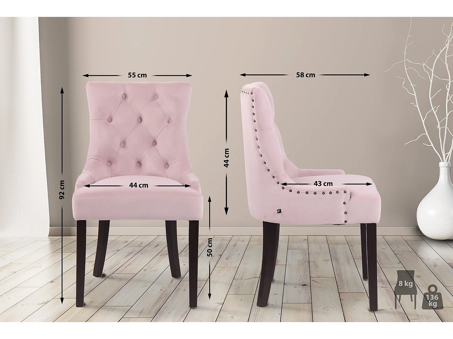 Lot de 4  chaise salle à manger - Velours & Antique - Rose - Aberdeen