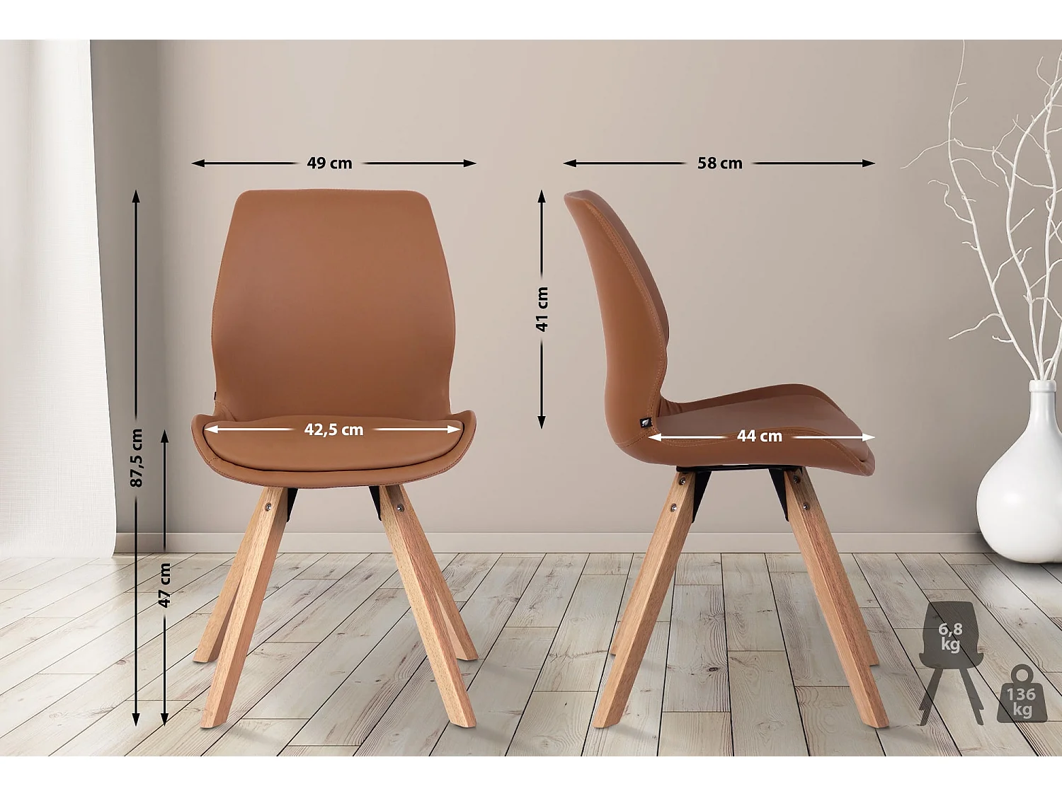 Lot de 2  chaise salle à manger - Similicuir - Marron clair - Luna