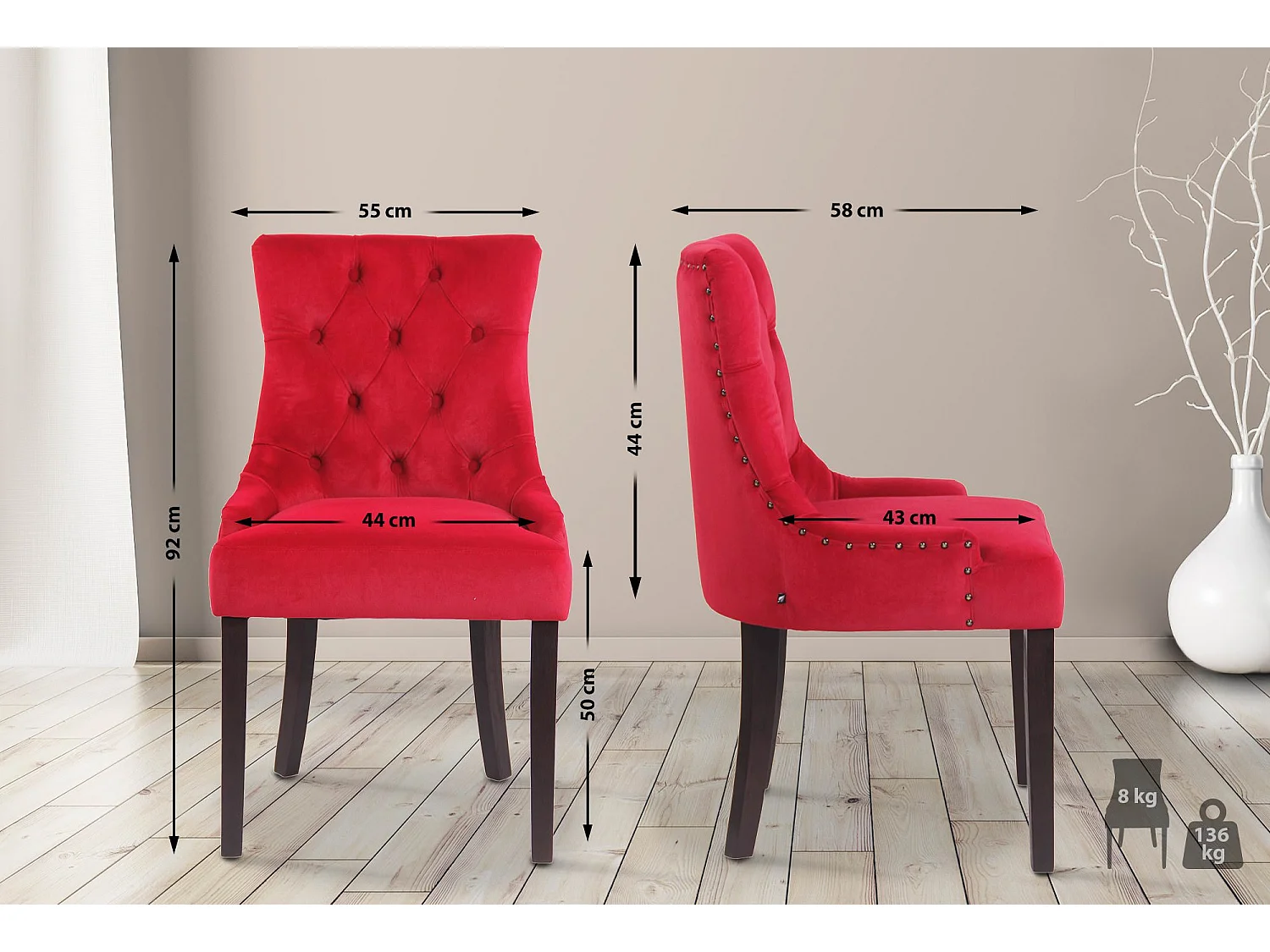 Eetkamerstoelen - Fluweel & antiek - rood - Aberdeen