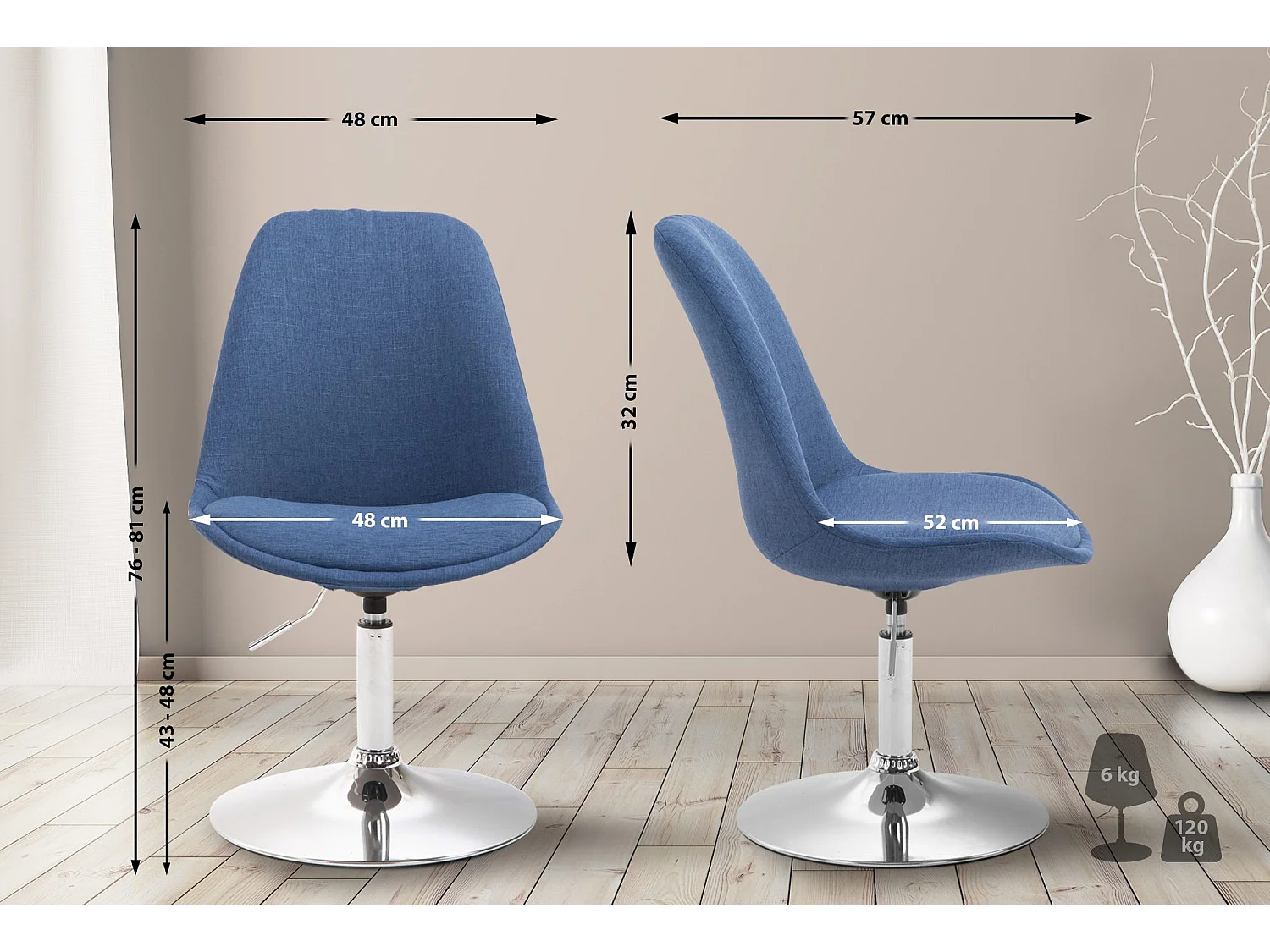 chaise salle à manger - Tissu & Chrome - Bleu - Maverick