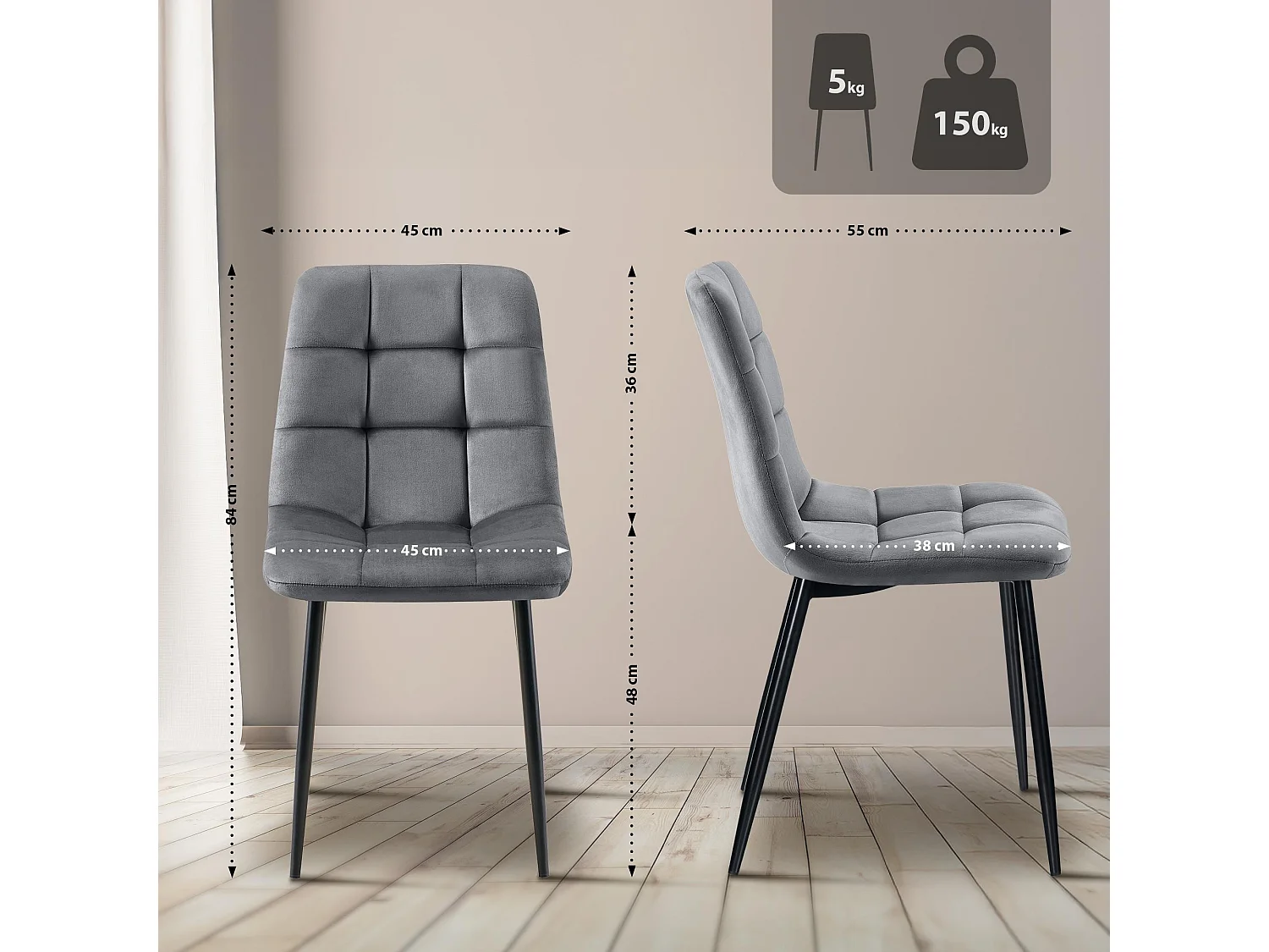 Lot de 2  chaise salle à manger - Velours - Gris foncé - Tilde