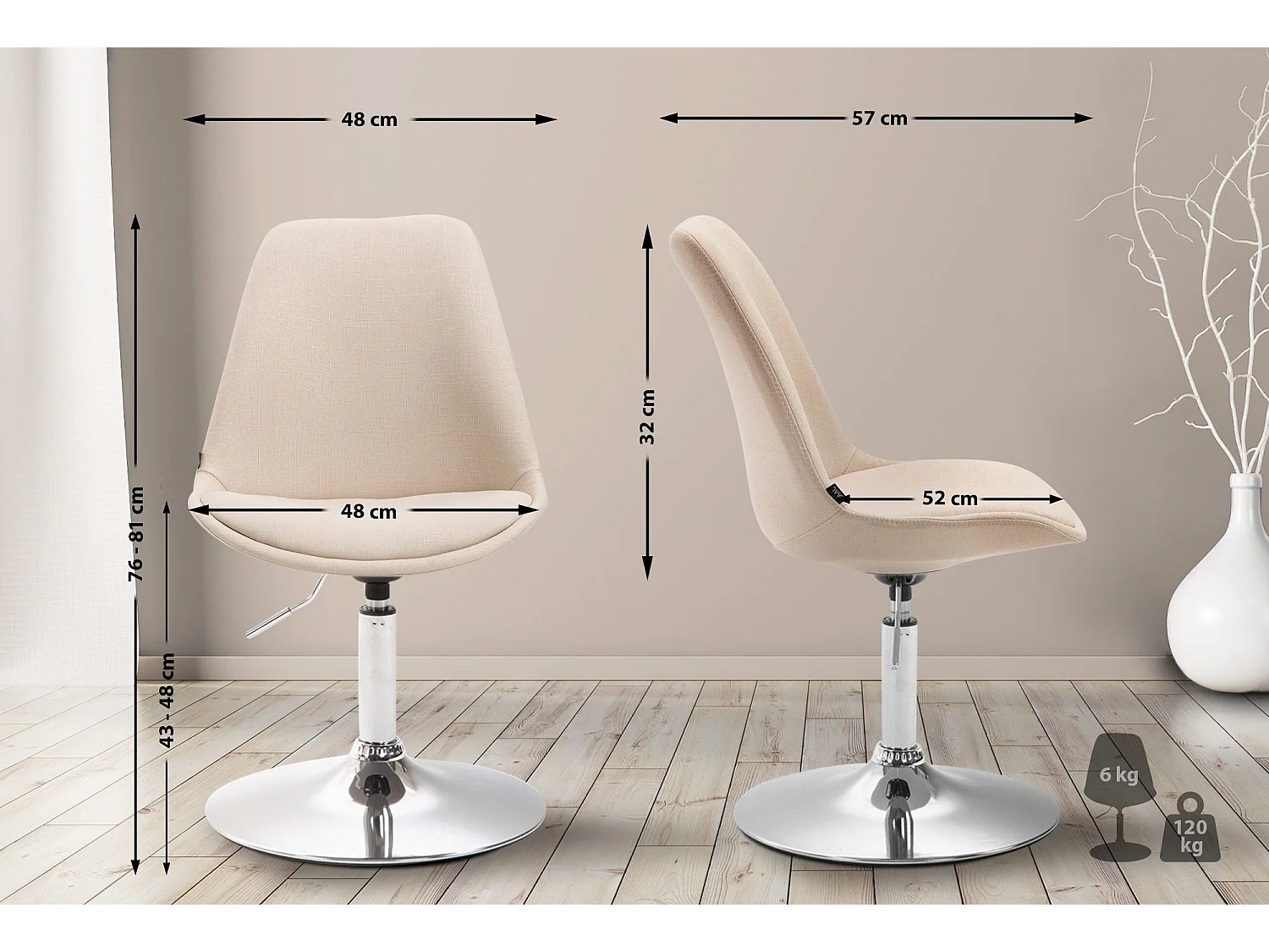 chaise salle à manger - Tissu & Chrome - Crème - Maverick