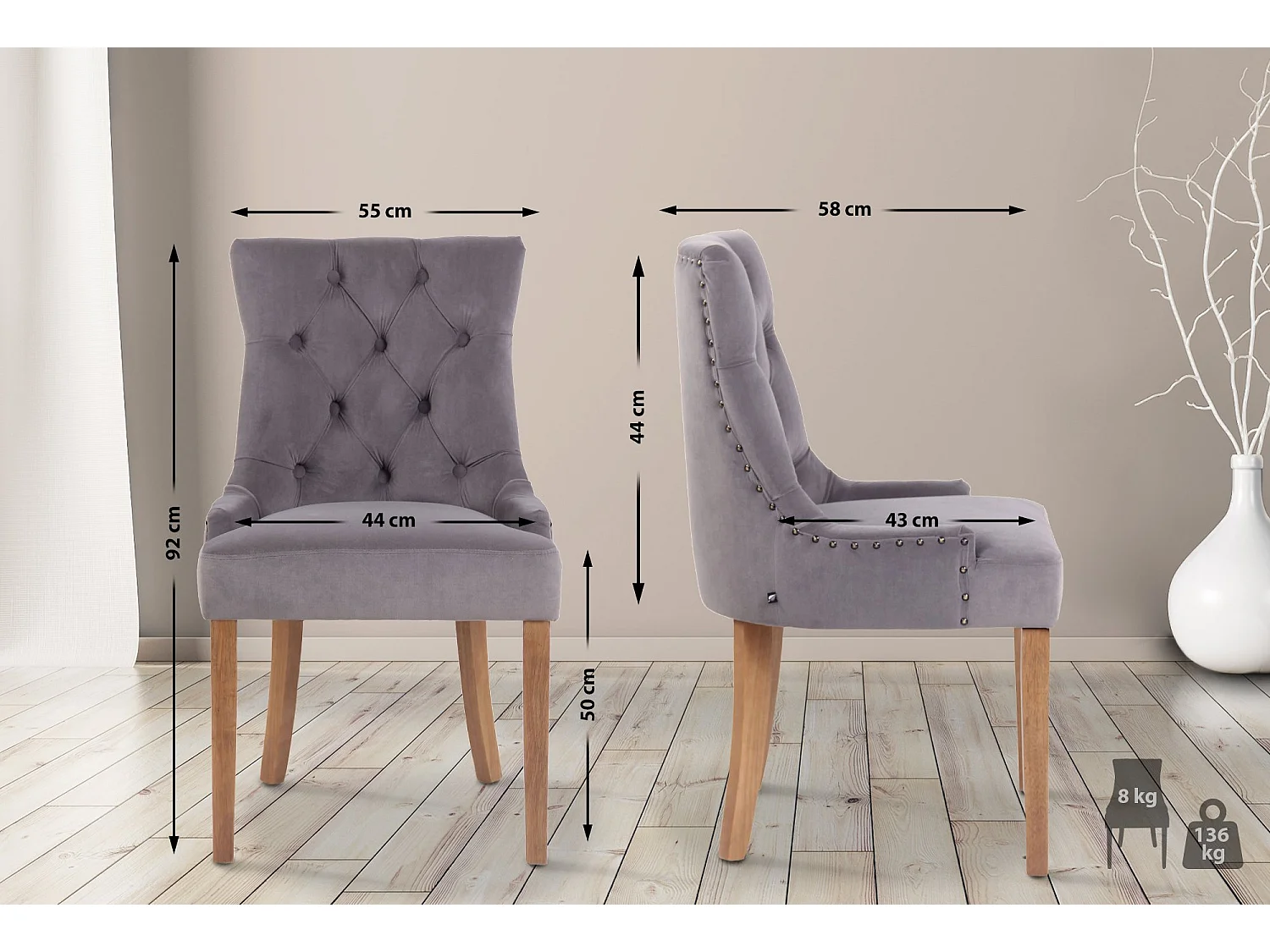 Lot de 4  chaise salle à manger - Velours & Antique clair - Gris - Aberdeen