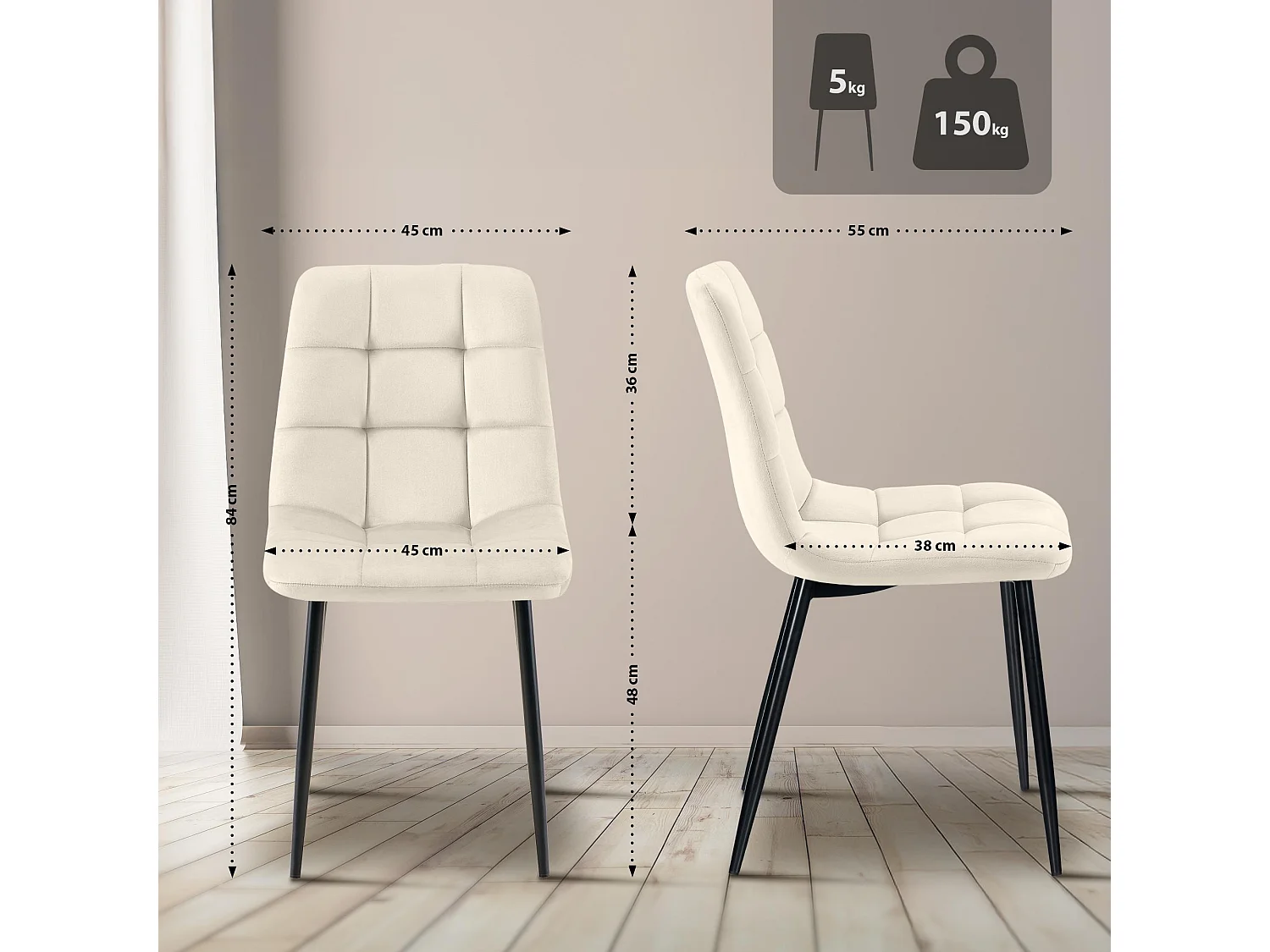 Lot de 2  chaise salle à manger - Velours - Crème - Tilde