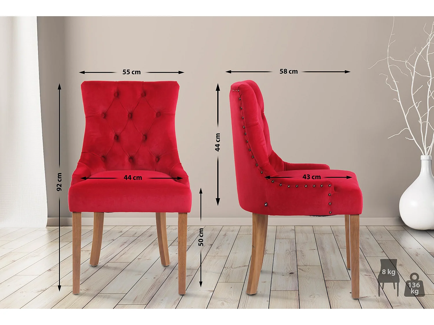 chaise salle à manger - Velours & Antique clair - Rouge - Aberdeen