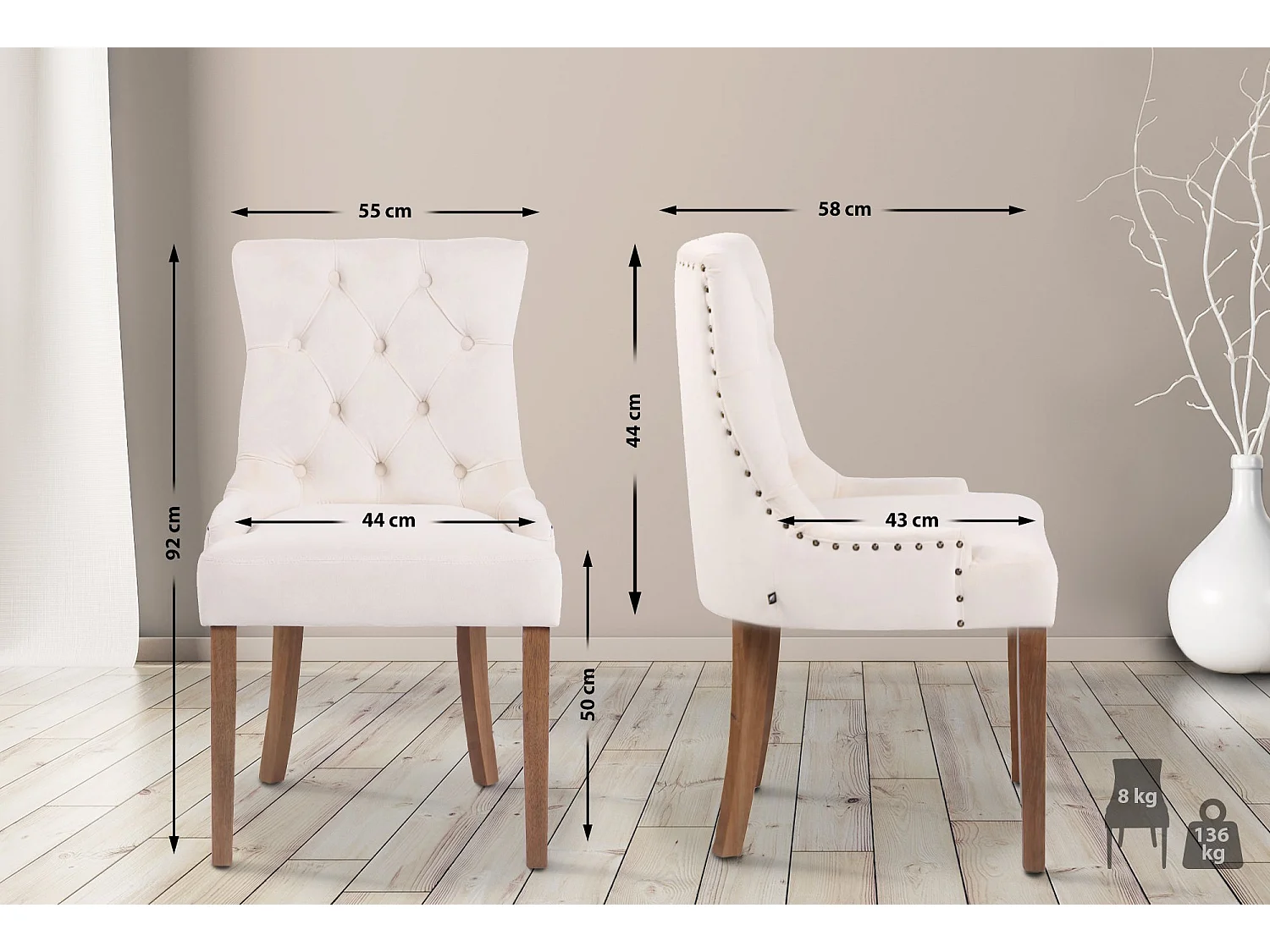 Lot de 4  chaise salle à manger - Velours & Antique clair - Crème - Aberdeen