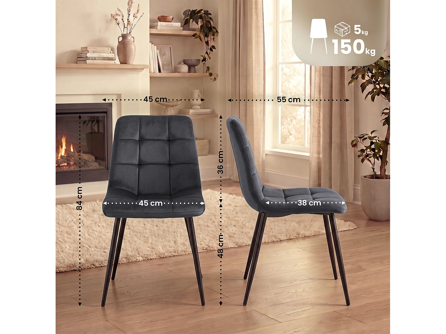 chaise salle à manger - Velours - Gris foncé - Tilde