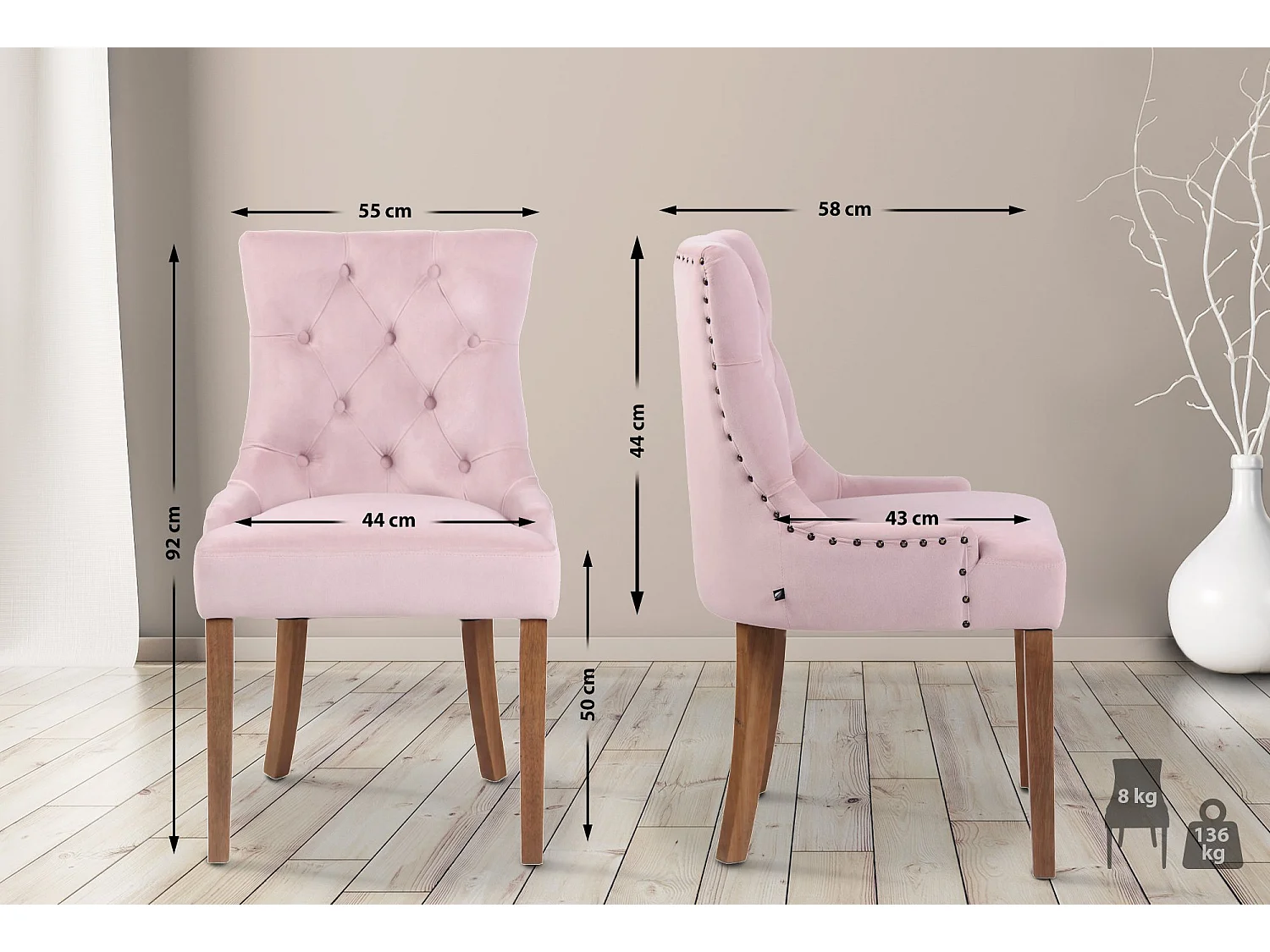 Lot de 4  chaise salle à manger - Velours & Antique clair - Rose - Aberdeen