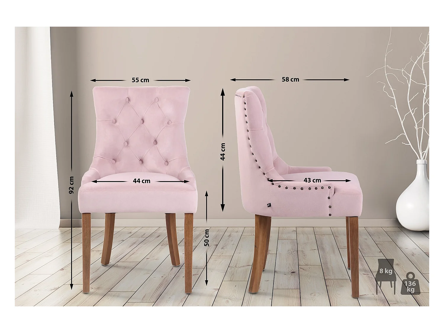 4er Set Esszimmerstuhl - Samt & antik-hell - pink - Aberdeen