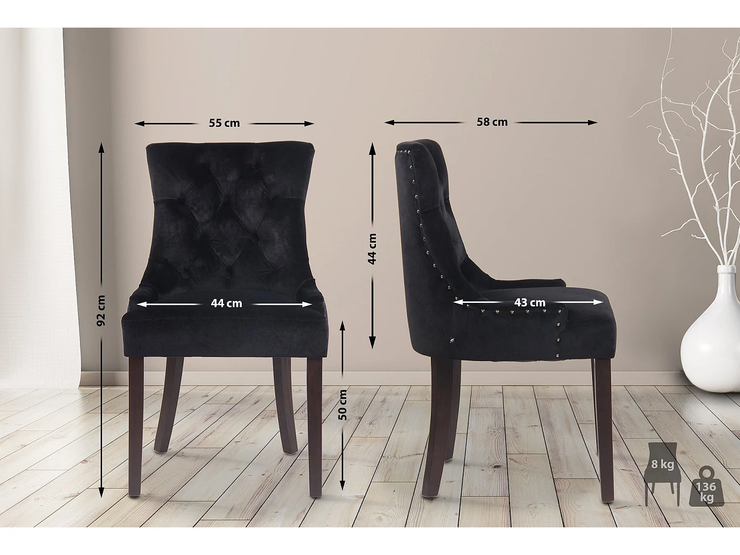 Lot de 4  chaise salle à manger - Velours & Antique - Noir - Aberdeen