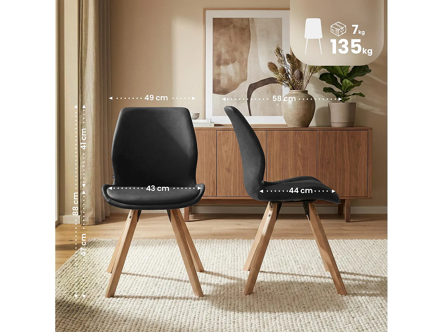 Lot de 4  chaise salle à manger - Similicuir - Noir - Luna