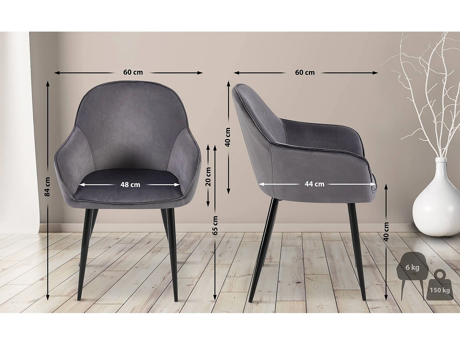 chaises avec accoudoirs - Velours & Blanc - Gris foncé - Boise