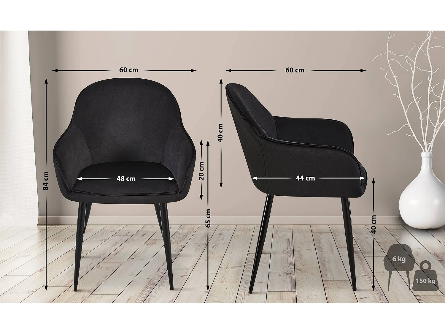 chaises avec accoudoirs - Velours & Blanc - Noir - Boise