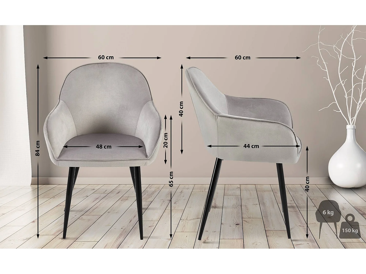 chaises avec accoudoirs - Velours & Blanc - Gris - Boise