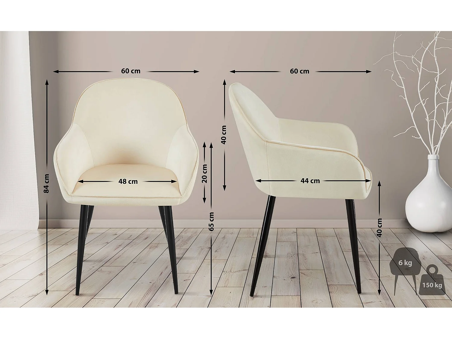 chaises avec accoudoirs - Velours & Blanc - Crème - Boise