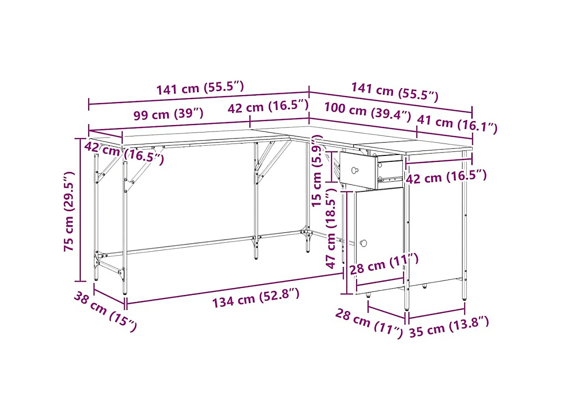 Bureau sonoma gris 141x141x75 cm bois d'ingénierie
