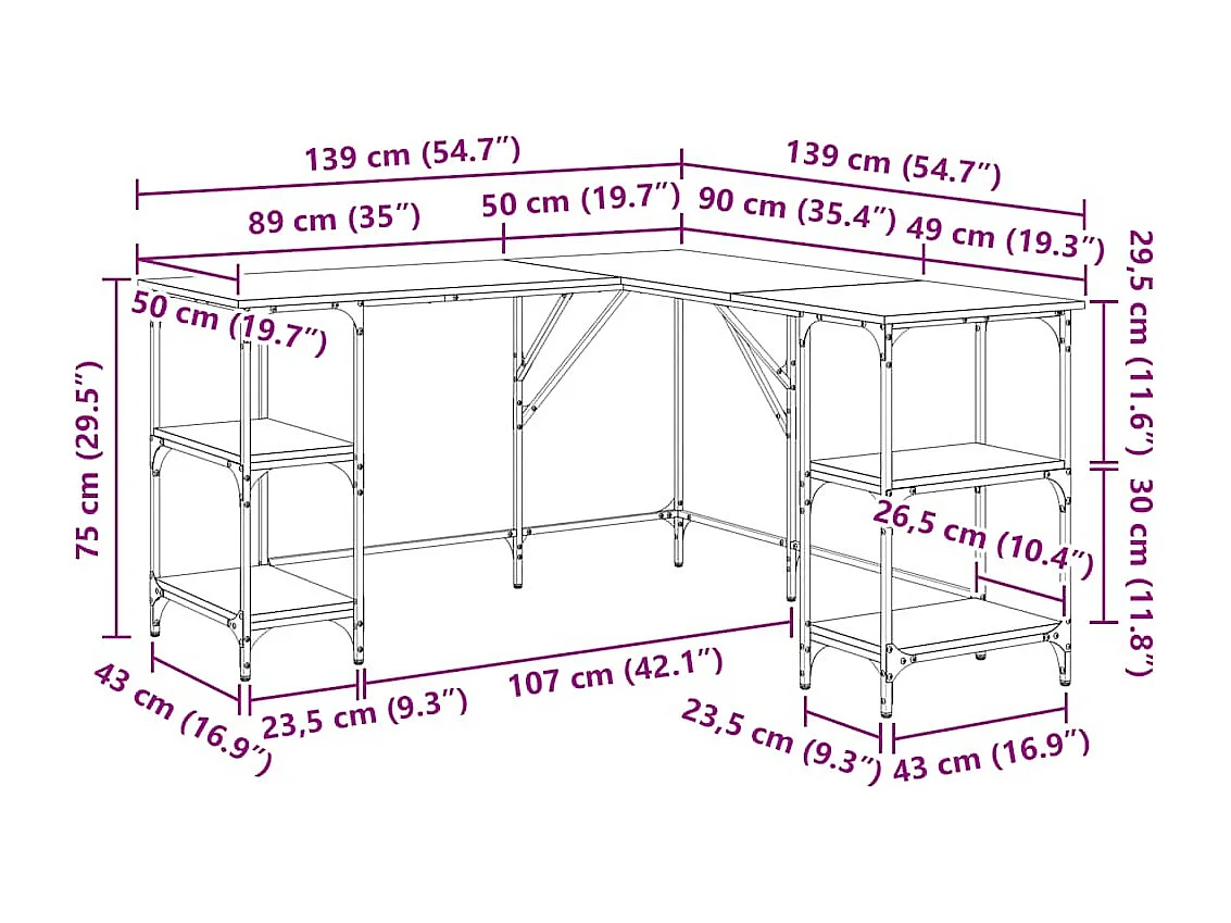 Bureau chêne fumé 139x139x75 cm bois d'ingénierie