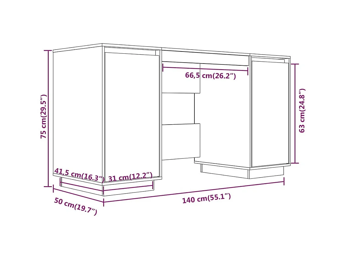 Escritorio de madera maciza de pino 140x50x75 cm