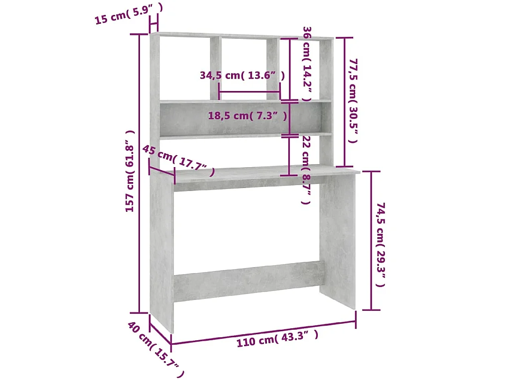 Bureau met schappen 110x45x157 cm bewerkt hout betongrijs