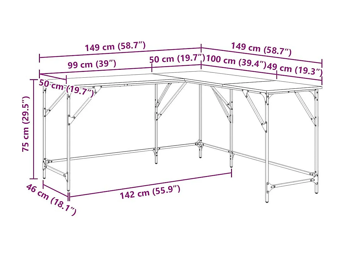 Bureau chêne fumé 149x149x75 cm bois d'ingénierie