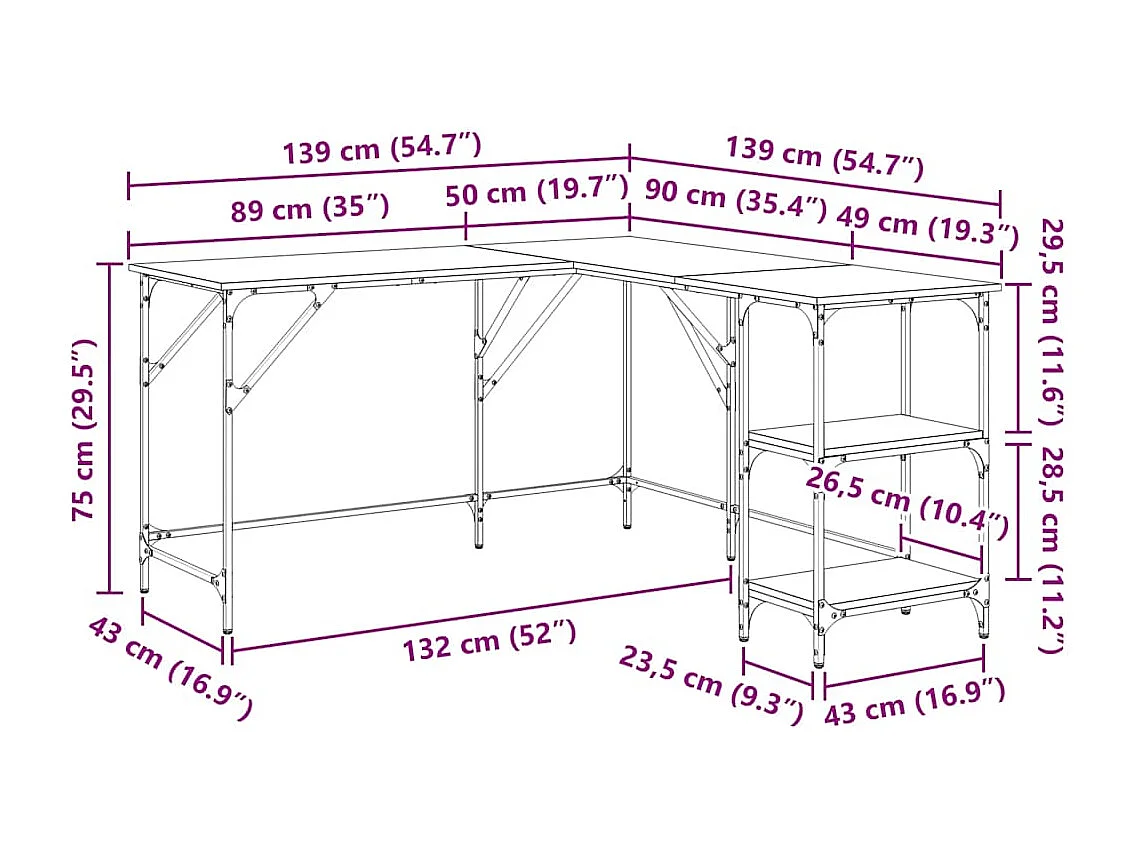 Scrivania Rovere Sonoma 139x139x75 cm in Legno Multistrato