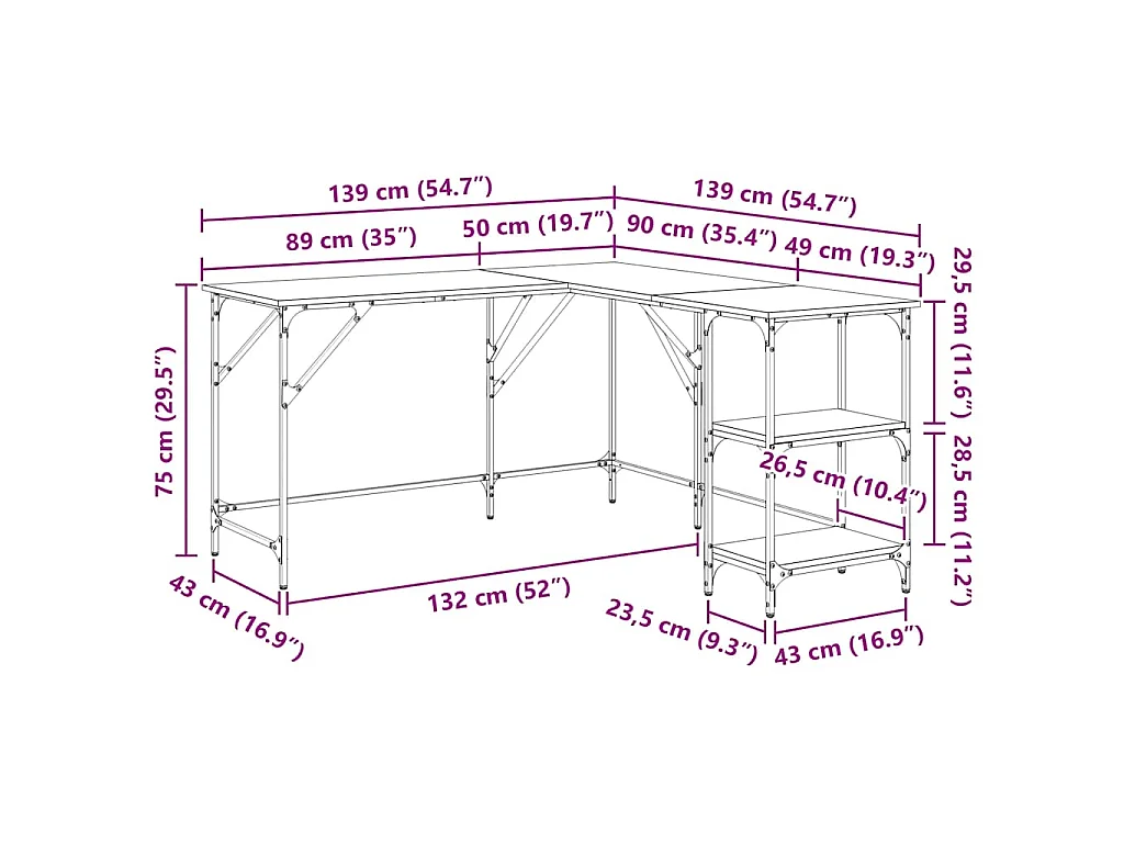 Bureau 139x139x75 cm bewerkt hout sonoma eikenkleurig
