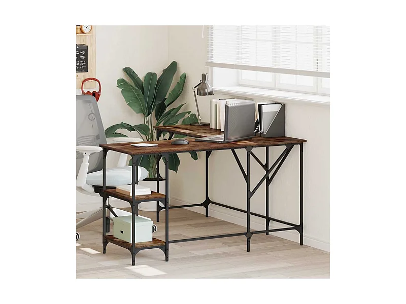 Bureau 139x139x75 cm bewerkt hout gerookt eikenkleurig