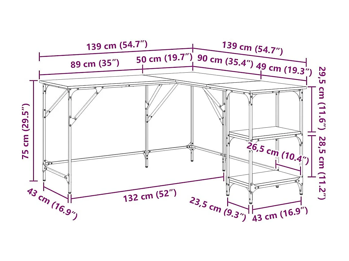 Bureau chêne fumé 139x139x75 cm bois d'ingénierie