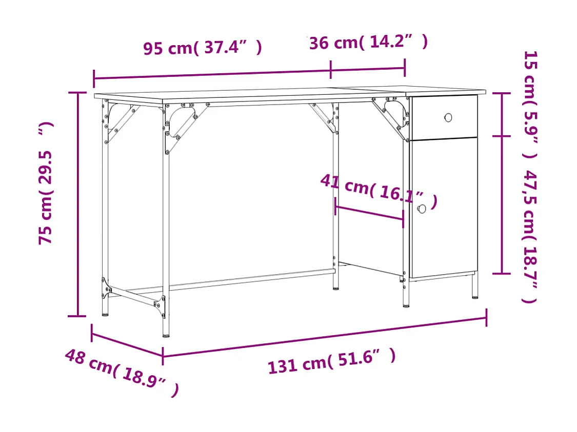 Bureau d'ordinateur chêne fumé 131x48x75 cm bois d’ingénierie