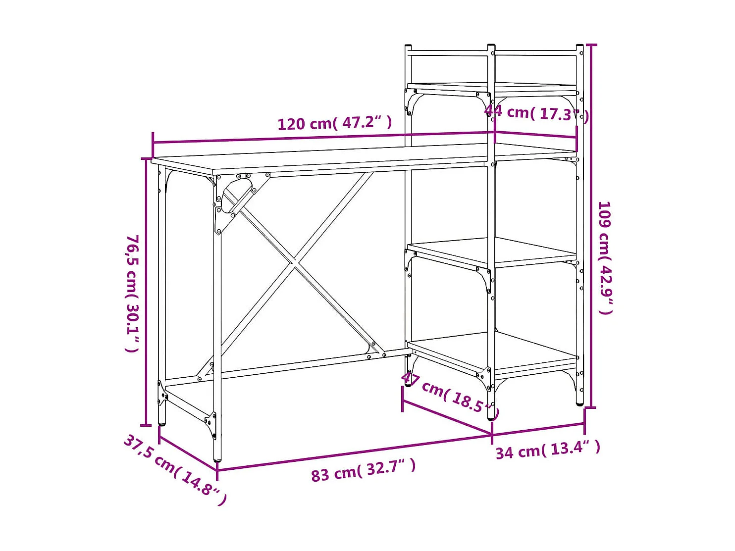 Computerbureau met schappen 120x47x109 cm bruin eikenkleur