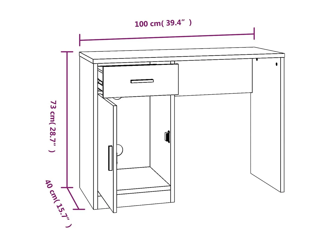 Bureau met kast en lade 100x40x73 cm bewerkt hout hoogglans wit