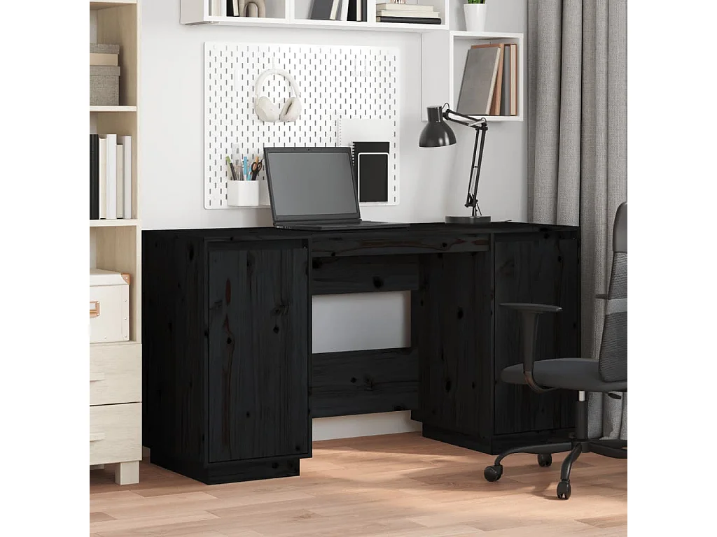 Bureau noir 140x50x75 cm bois massif de pin
