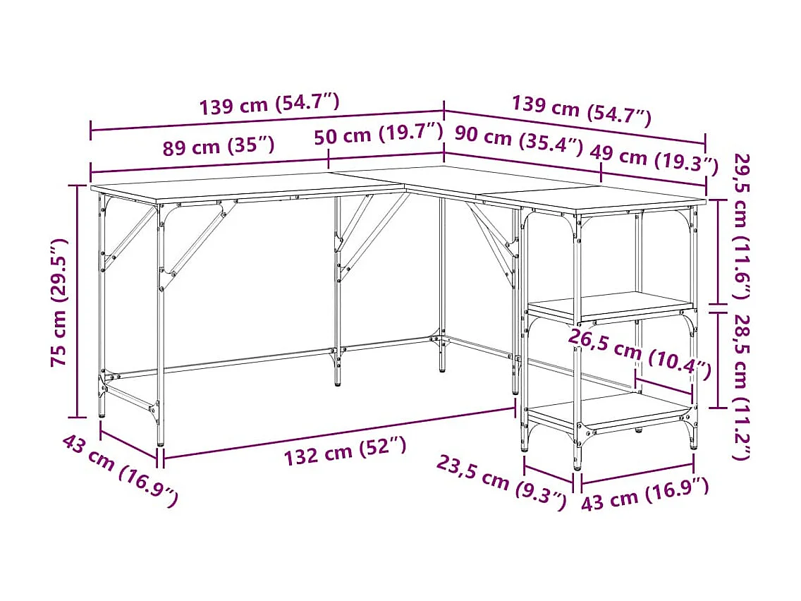 Bureau chêne marron 139x139x75 cm bois d'ingénierie